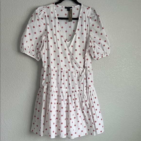 J. Crew White Dress with Pink Polka Dots Puff Sleeve Wrap Dress - Picture 3 of 9
